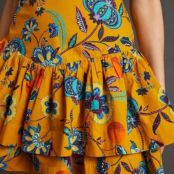 Maeve Anthropologie A-Line Tiered Floral Orange Golden Mini Skirt - Picture 2 of 3